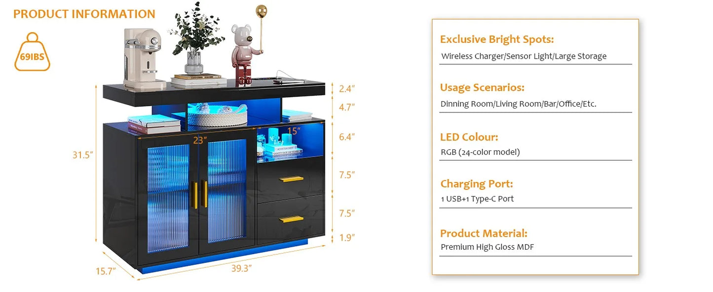 RGB LED Coffee Bar Cabinet with Auto Sensor Lights, High Gloss Sideboard Buffet Cabinet with USB/Type C/Wireless Charger