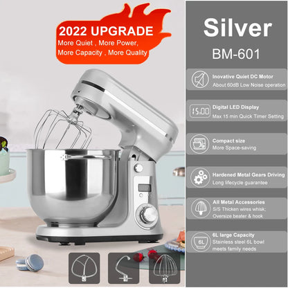 BioloMix 6L Kitchen Food Stand Mixer 1200W DC Quiet Motor Stainless Steel Bowl 6-speed Cream Egg Whisk Whip Dough Kneader