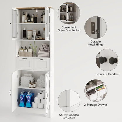 67" Tall Bathroom Storage Cabinet, Freestanding Linen Cabinet with Glass Doors & Drawer, Large Bathroom Pantry