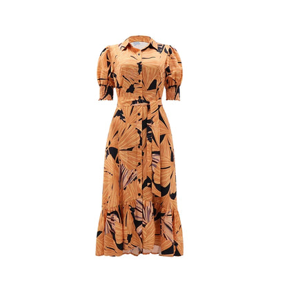 Women Floral Print Long Dress Summer Casual  Turn-down Collar Half Sleeve Loose Big Swing Dress Female Vintage  Beach Maxi Dress