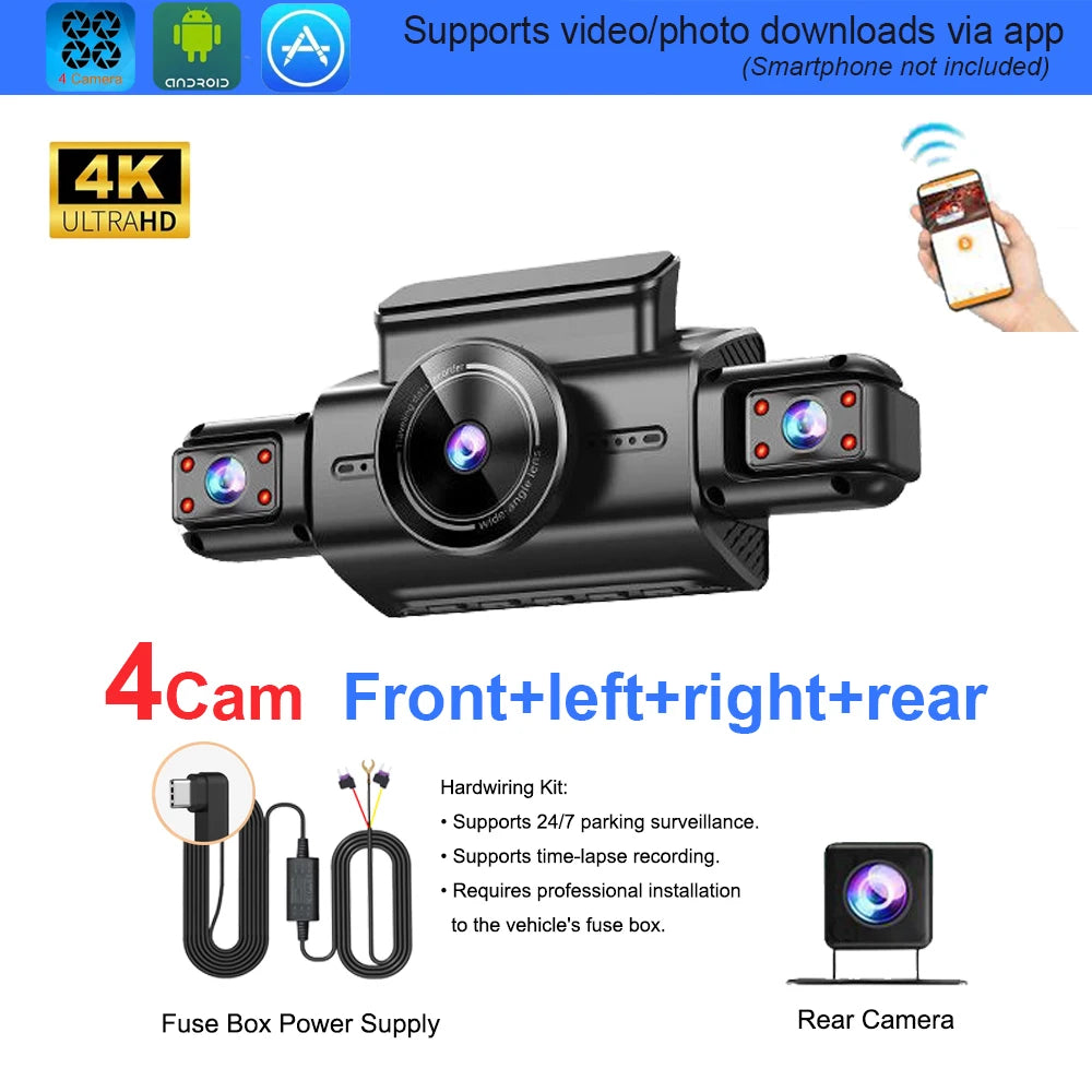 Caméra de tableau de bord cachée à 4 canaux, avec application 4K HD, Vision nocturne, moniteur de stationnement 24/7, capteur G, enregistrement en boucle, détection de mouvement, boîte noire WDR