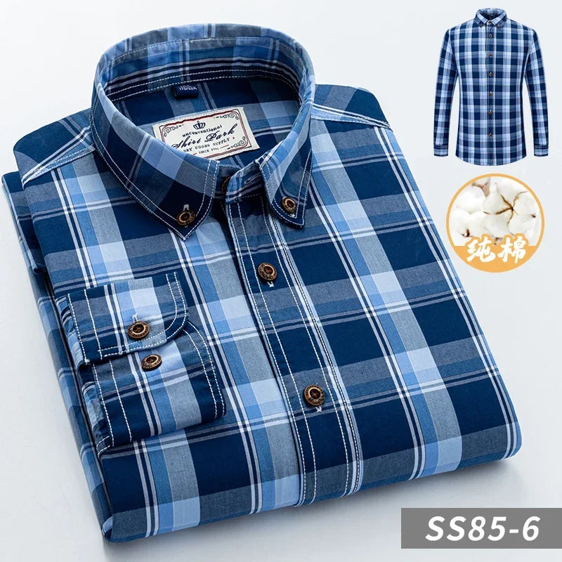 Men's Plaid Checkered Long Sleeve Shirts Contrast Color No Pocket Comfortable 100% Cotton Casual Standard Fit Button Down Shirt