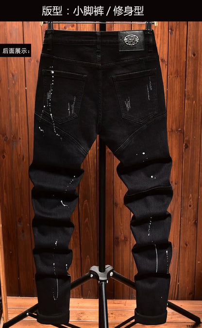 2024 Spring and Autumn New Fashion Trend Retro Ripped Black Stretch Jeans Men's Casual Comfort Straight Leg High Quality Pants