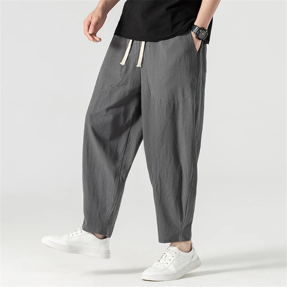 Linen Pants Men Baggy Pants Plus Size 9XL Summer Ankle-length Pants Male Solid Color Bottom Big Size 9XL