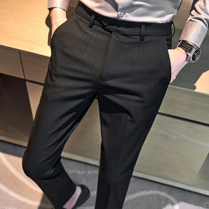 Men Boutique Black Striped Suits Pants Male Formal Wear Wedding Dress Trousers Quality British Style Business Casual Suit Pants