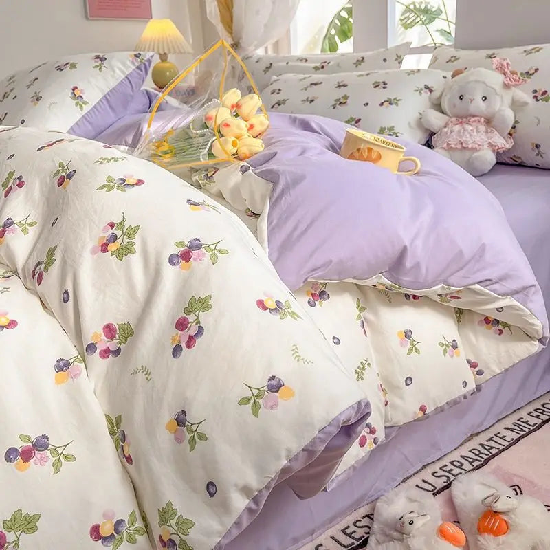 Fresh Botanical Floral Bedding Set Washed Cotton Bed Linens Single Twin Full Size Quilt Cover Sheet Set for Girls Home Textiles