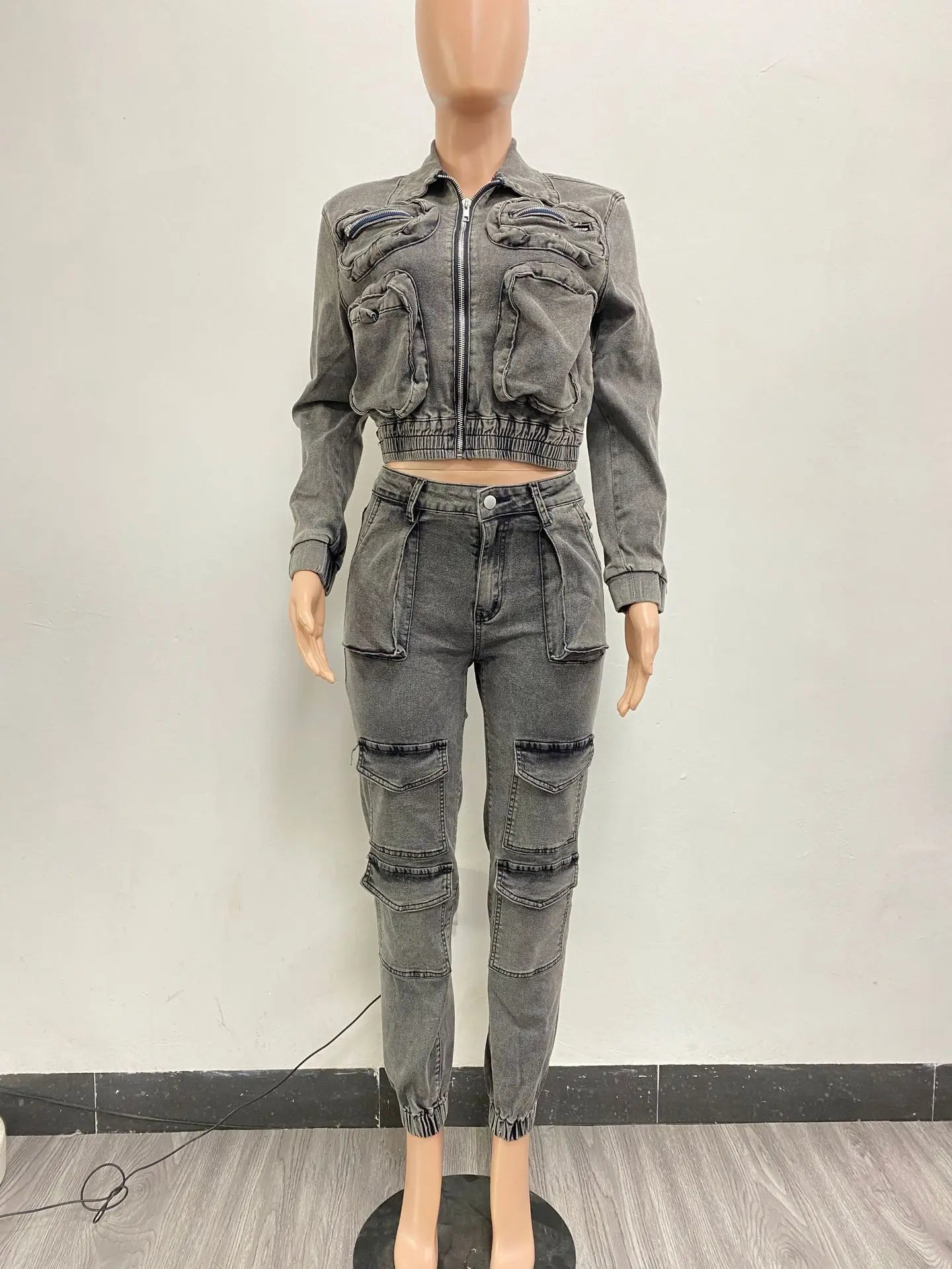 Pant Sets Long Sleeve Women Tracksuit Zipper Denim Coat Cargo Ankle Length Pants Pockets High Street Spliced Slim 2024