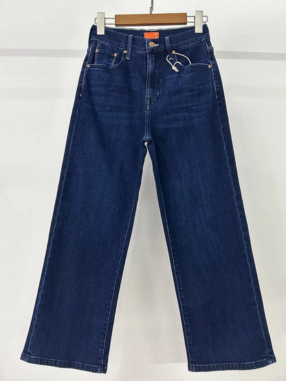 2024 Spring New High Waist Retro Straight Dark Blue Denim Jeans for Women