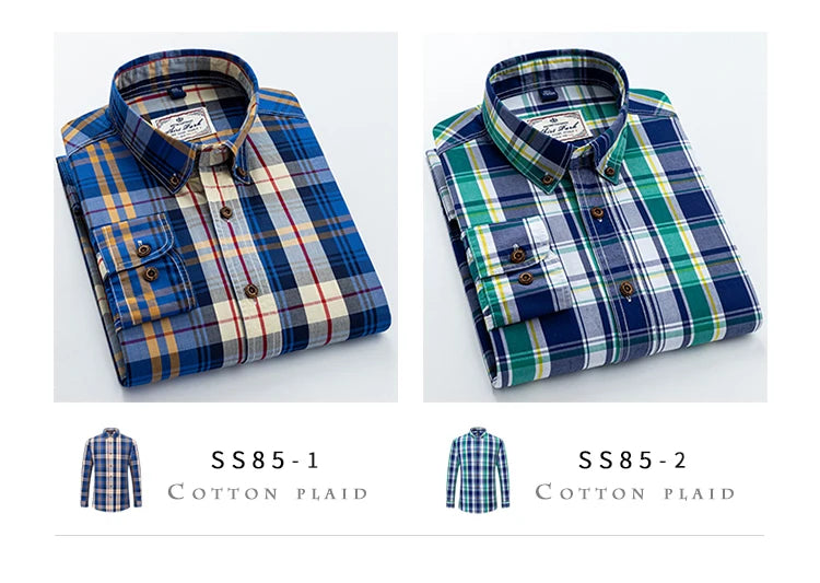 Men's Plaid Checkered Long Sleeve Shirts Contrast Color No Pocket Comfortable 100% Cotton Casual Standard Fit Button Down Shirt