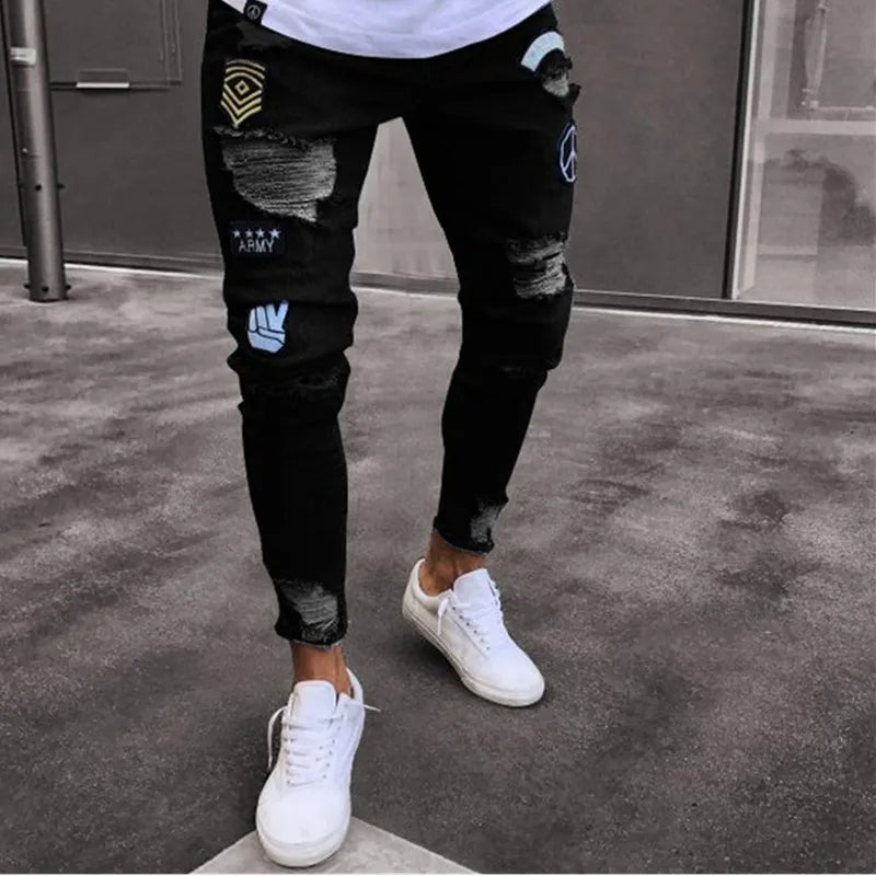 Hip Hop Men's Fashion Embroidered Jeans 2023 Street Club Ripped Denim Pants Classic Blue And White Slim Stretch Pantalon S-4XL