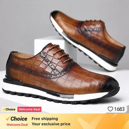 Luxury Business Casual Genuine Natural Cowhide Leather Men's Oxford Sneakers Spring Autumn Crocodile Pattern Anti-slip Footwear