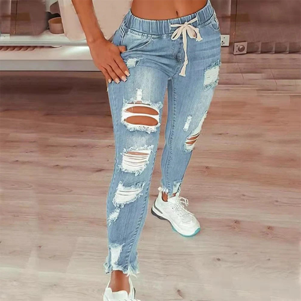 Plus Size High Waist Ripped Denim Trousers Women Clothing 2025 Fashion Korean Casual Slim Large Size Jeans Oversized Pants Leggi