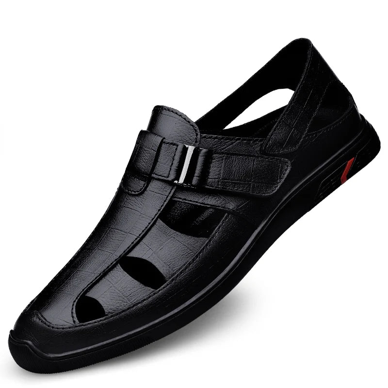 New Genuine Leather Men Black/brown Sandals Dress Shoes Summer Beach Shoes Business  Breathable Hollow Out Flat Casual Sandals