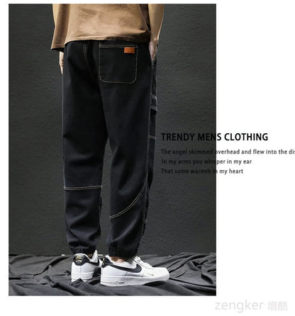 Men's drawstring jeans spring and autumn loose work pants fashion laced Harun plus size casual pants tide 140kg