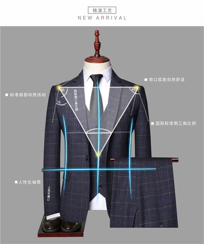 2025 New Men's Three-pieces Fashion Plaid Slim Business Party Formal Elegant Blazer Sets (Jacket+Pants+Vest) Prom Wedding Groom