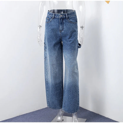 Rhinestone Wide Leg Lady Jeans Diamonds Denim Straigt High Waist Zipper Female Pants 2025 Fashion Pockets Street Lady Trouser