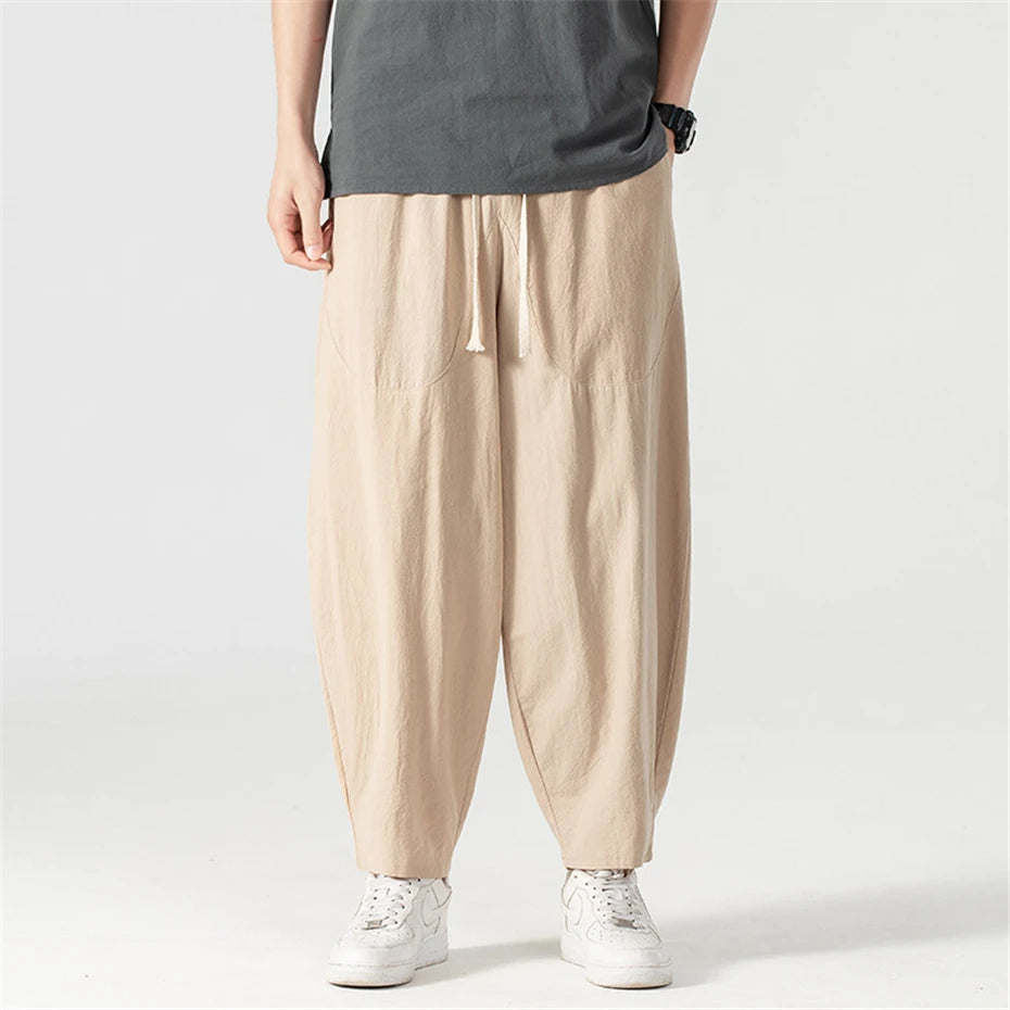 Linen Pants Men Baggy Pants Plus Size 9XL Summer Ankle-length Pants Male Solid Color Bottom Big Size 9XL