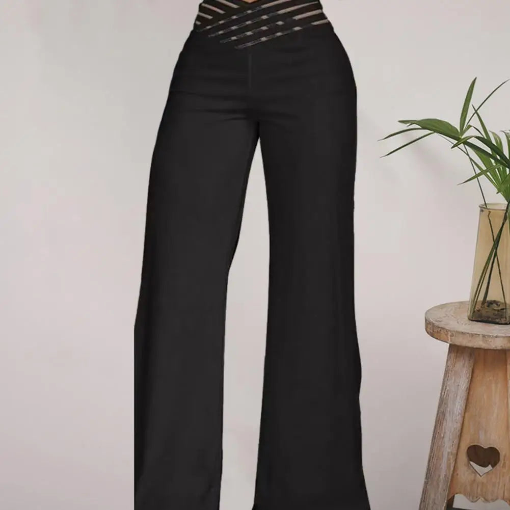 Hollow Wide Waistband Long Pants Women High Waist Solid Color Wide Leg Flared Trousers Yoga Sport Gym Pants