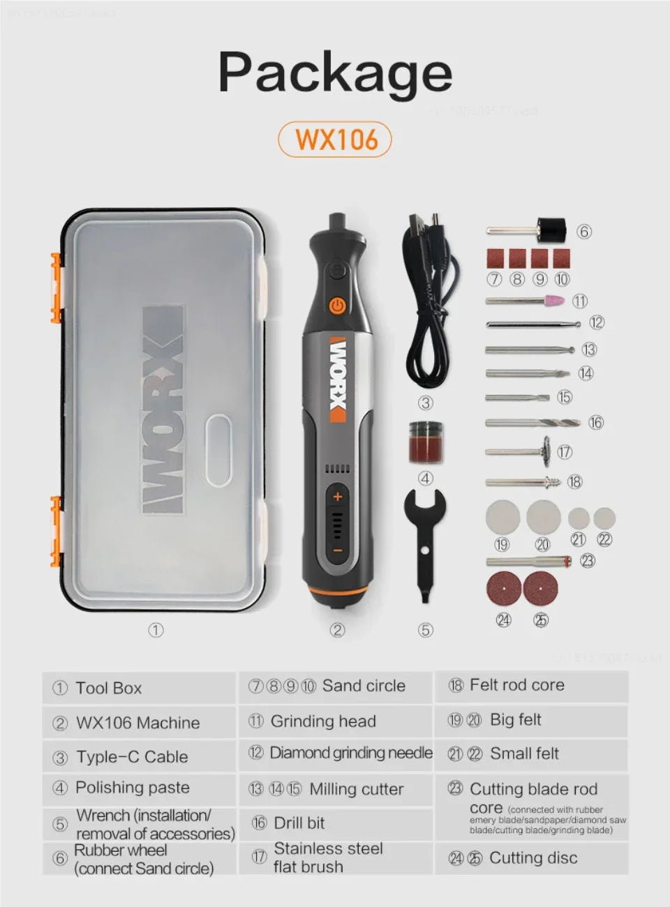 Worx 8V Rotary Tool WX106 Cordless Mini Drill Engraving Grinding Polishing Machine USB Charger Variable Speed Power Tools Home