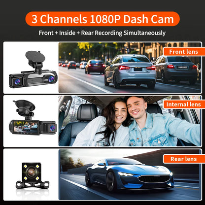 3 caméras Dash Cam 1080P caméra de recul avant et arrière Vision nocturne moniteur de stationnement voiture DVR 3 voies enregistreur vidéo de voiture avec cadeau