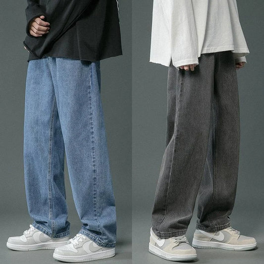 Korean Men's Casual Hip Hop Long Baggy Jeans Classic Man Straight Wide Leg Denim Pants Light Blue Grey Black Streetwear Trousers