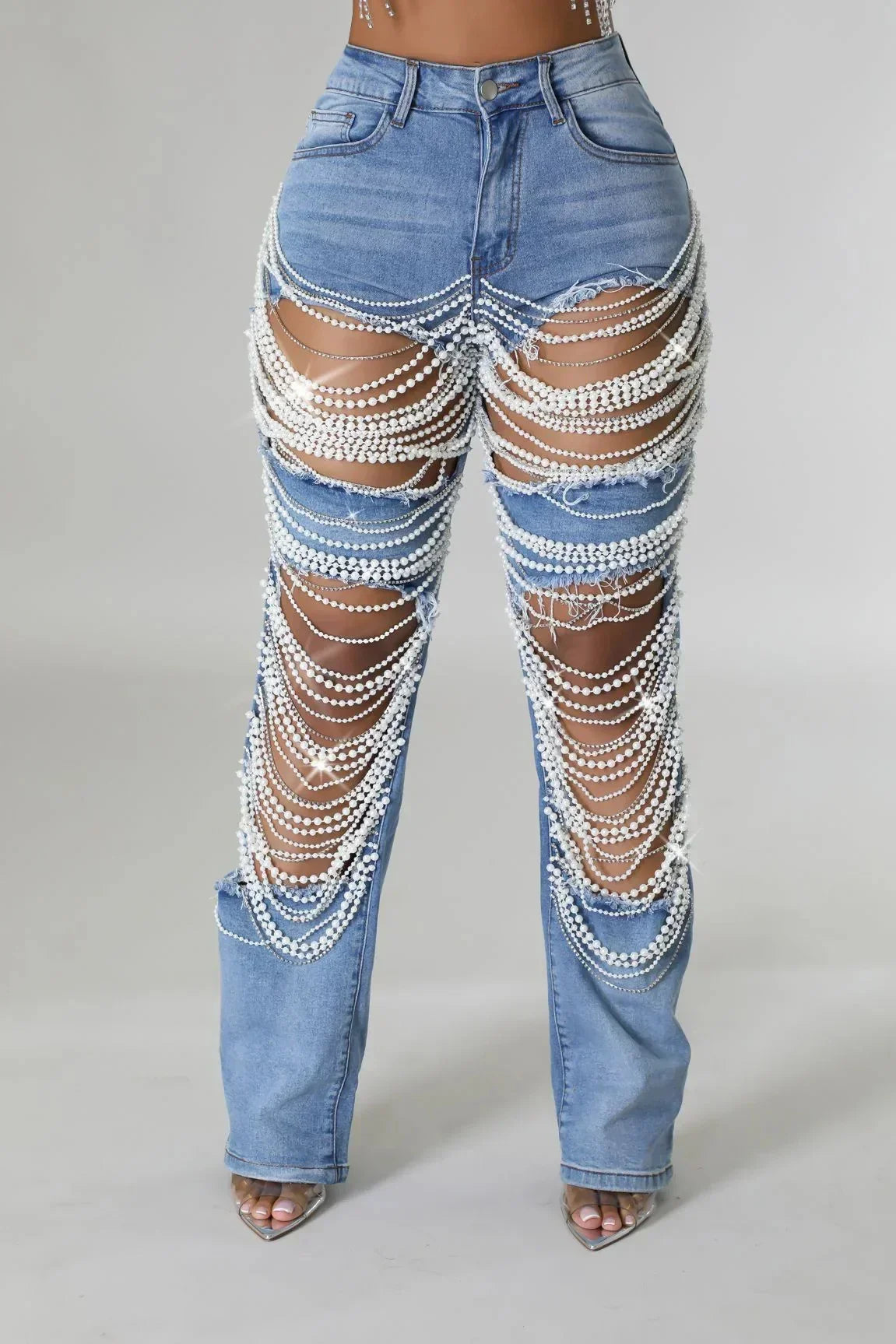 Spice Girl Summer Pants Ripped Heavy Industry Beaded Elastic Jeans Trousers Women JEANS