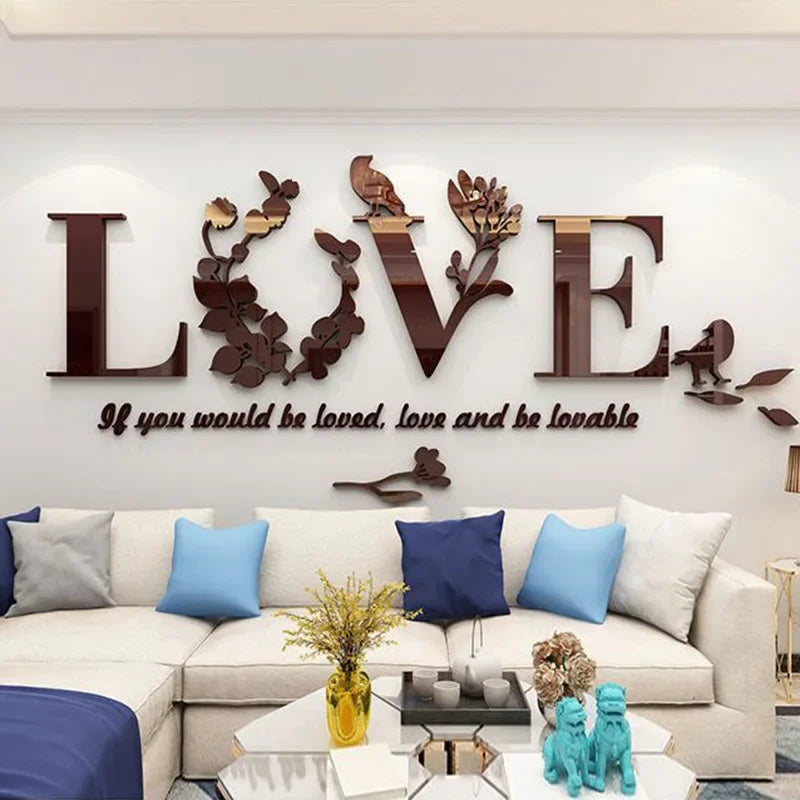 Love 3D Mirror Wall Stickers Acrylic Pink Purple TV Background Bedroom Bedside Stickers Wedding Room Home Decoration