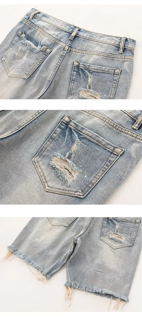 Kakan - New Summer Distressed Denim Shorts for Men, Korean Youth Popular Slim Fitting Small Leg Quarter Pants Jeans K58-DK322