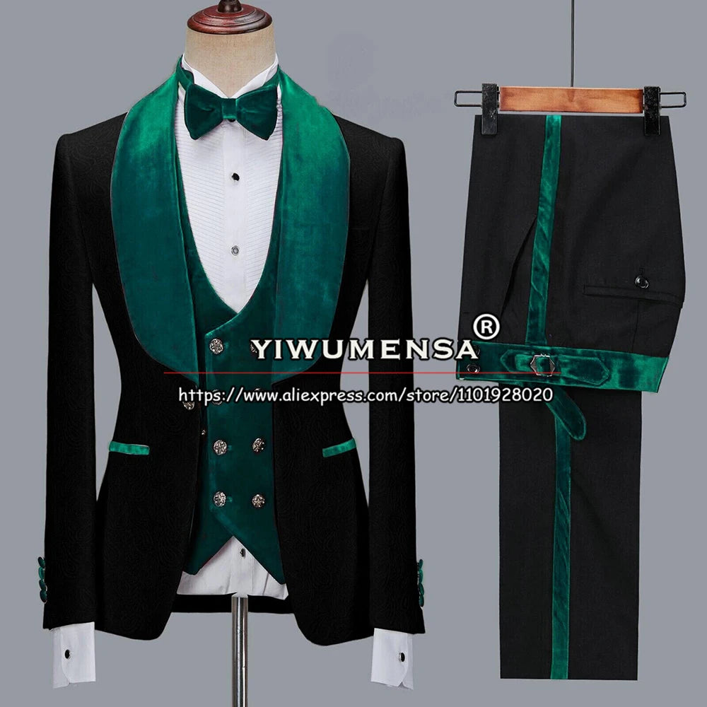 Jacquard Groom Men Suits Skinny Green Velvet Lapel Formal Wedding Tuxedos Tailore-Made 3 Pieces Prom Dress Blazer Male Clothing