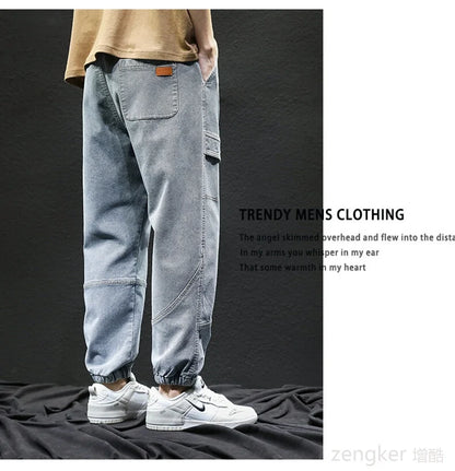 Men's drawstring jeans spring and autumn loose work pants fashion laced Harun plus size casual pants tide 140kg