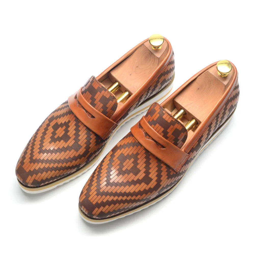 Fashion Mens Sneakers Penny Loafers Genuine Leather Woven Pattern Brown Black Casual Shoes Size 38 To 46 Mocassins Hommes