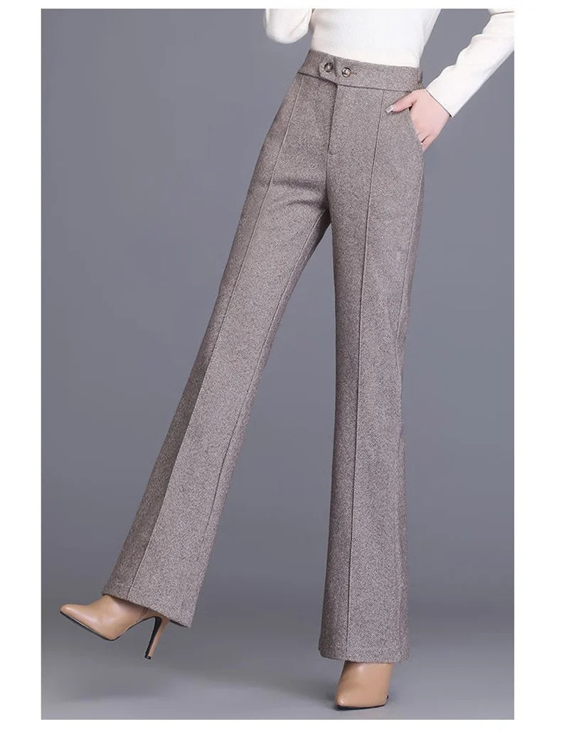 2024 Autumn Winter Women's Woolen Pants New Fashion High Waist Elastic Micro Flare Pants Slim Female Casual Wool Trousers 4XL