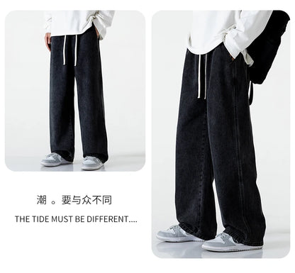 Jeans Men New Streetwear Baggy Wide Leg Jeans Korean Fashion Straight Casual Loose Denim Cargo Pants Male Light Blue Grey Black