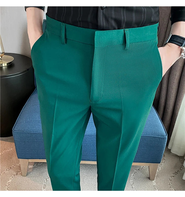 9 Color Summer Fashion Mens Suit Pants Pure Color Business Formal Pants Slim Fit Office Mens Wedding Social Ankle Long Trousers