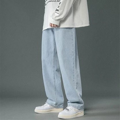 Korean Men's Casual Hip Hop Long Baggy Jeans Classic Man Straight Wide Leg Denim Pants Light Blue Grey Black Streetwear Trousers