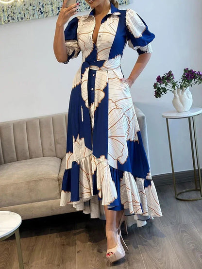 Women Floral Print Long Dress Summer Casual  Turn-down Collar Half Sleeve Loose Big Swing Dress Female Vintage  Beach Maxi Dress