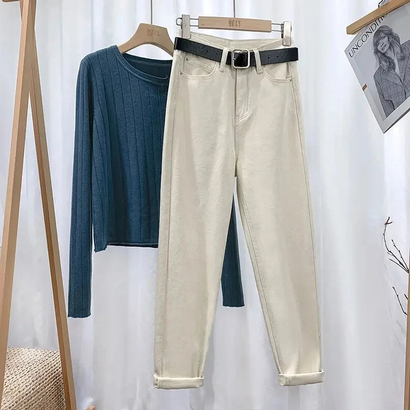 Women's Loose-Fit High-Waisted Fleece-Lined Jeans Slimming Thickened Warm Petite Nine-Point-Slim Fashion Trendy Spring Autumn Je