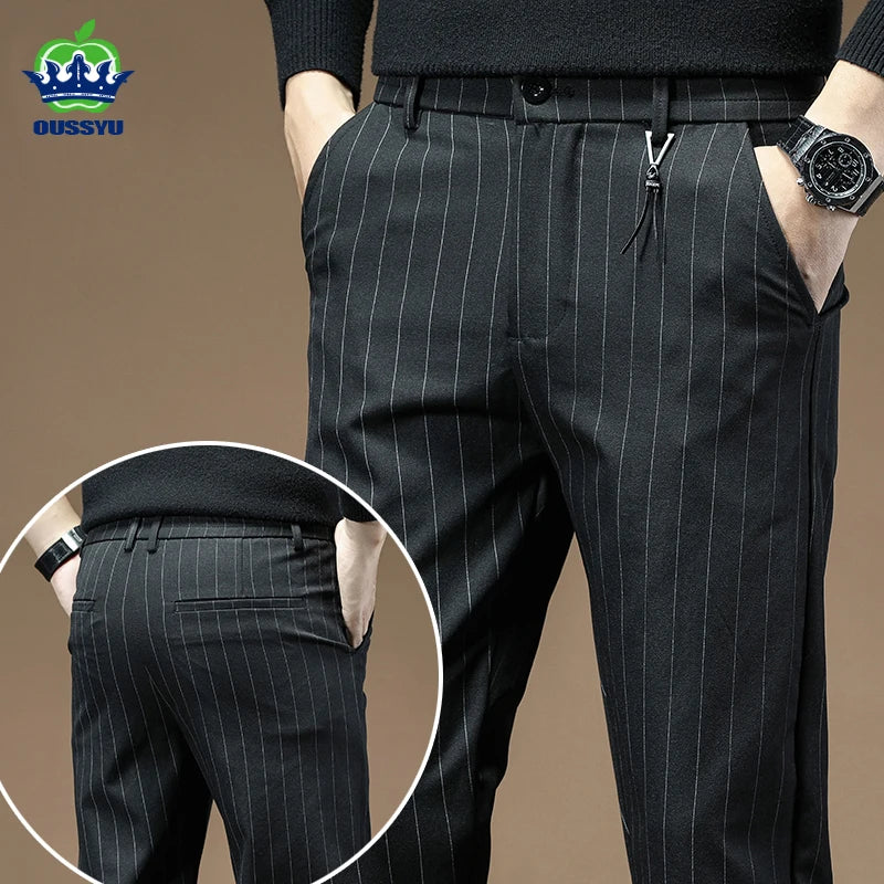 Fashion High Quality OUSSYU Men Pants Straight Long Classic Business Brand Thin England Stripe Casual Full Trousers Male 36 38