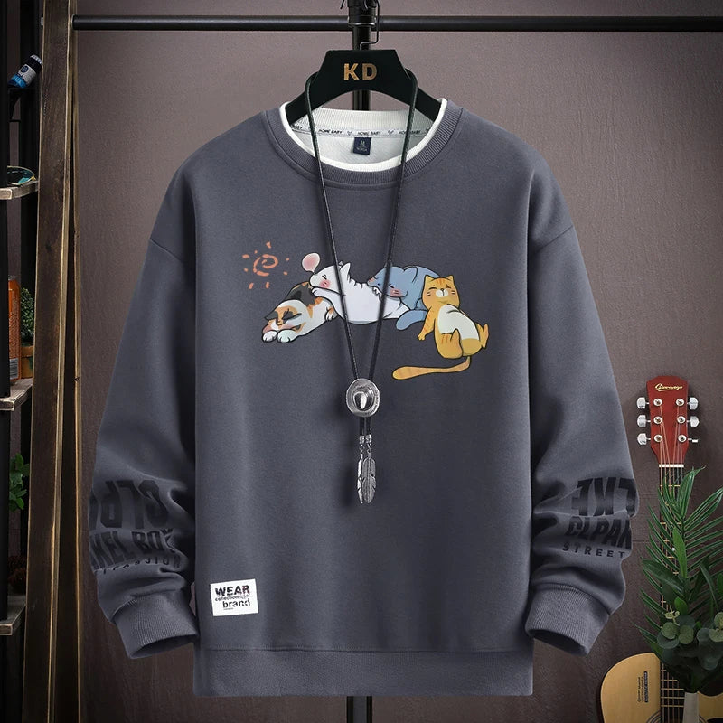 Japan Cartoon Men's Sweatshirt Hoodies Autumn Cats Printed Long Sleeve T-shirt Fashion Men's Clothing Khaki O Neck Harajuku Top