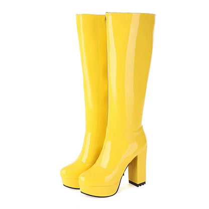 Platform Knee High Boots Women Sexy Patent Leather Women's High Boot White Red Yellow Green Party Shoes Ladies Winter Large Size