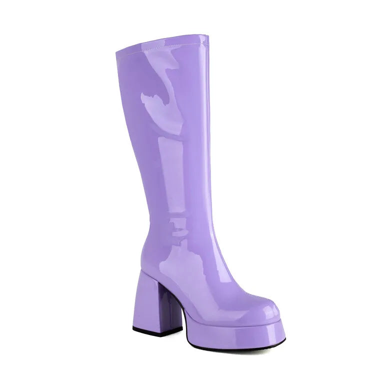 Purple Patent Leather Knee High Boots Waterproof Platform 10cm Thick Heel Bar Stage Boots 35-48  Zip Square Head Long Boots Side