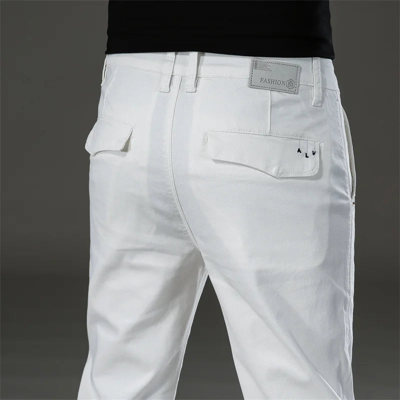 2022 Autumn New Men's Cotton Straight Casual Pants Business Fashion Solid Color Elasticity White Trousers Male Brand Clothing