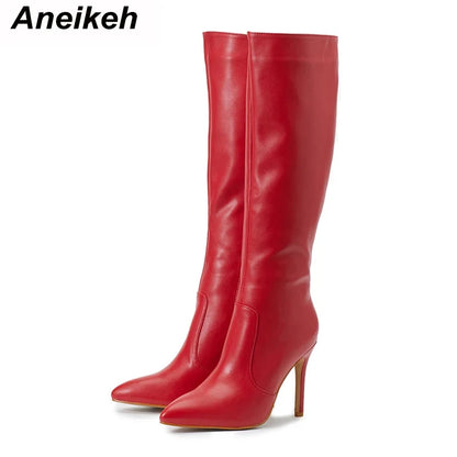 Aneikeh Women's Fashion Elegant Pointed Thin Heel Knee High Long Boots2025 Spring/Autumn PU Panel Side Zipper Boots Western35-42