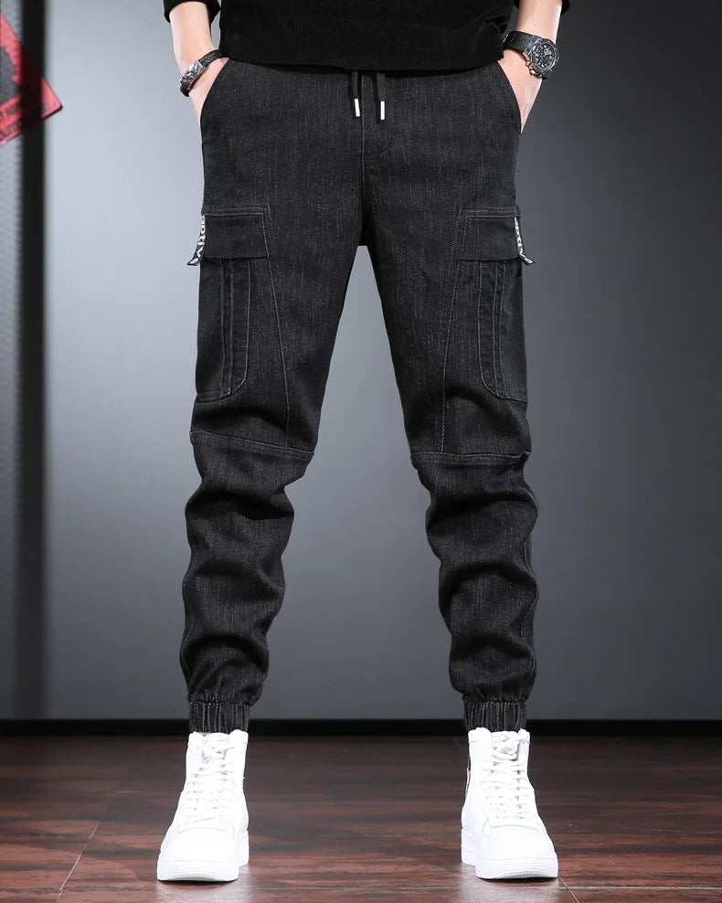 Autumn Jeans Men Baggy Cargo Pants Streetwear Hip Hop Casual Blue Gray Elastic Waist Denim Trousers CP2013