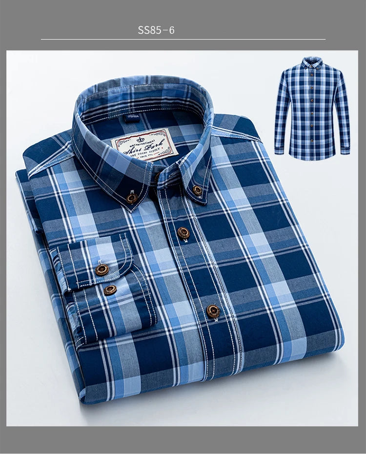 Men's Plaid Checkered Long Sleeve Shirts Contrast Color No Pocket Comfortable 100% Cotton Casual Standard Fit Button Down Shirt