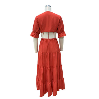 BAMBOOBOY Flare Sleeve Women Summer Dresses Deep V Neck Maxi Sundresses Solid Color Casual Hole Waist High Waist A-Line Dress