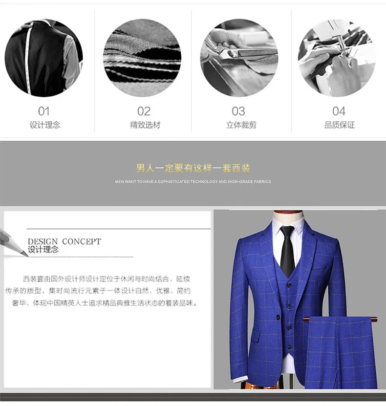 2025 New Men's Three-pieces Fashion Plaid Slim Business Party Formal Elegant Blazer Sets (Jacket+Pants+Vest) Prom Wedding Groom