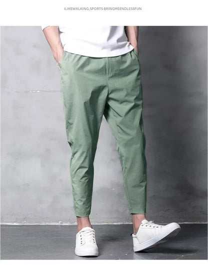 Summer Casual Men's Straight-leg Cropped Pants Ice Silk Elastic Small Foot Trendy Sports Korean Style Youth Pants