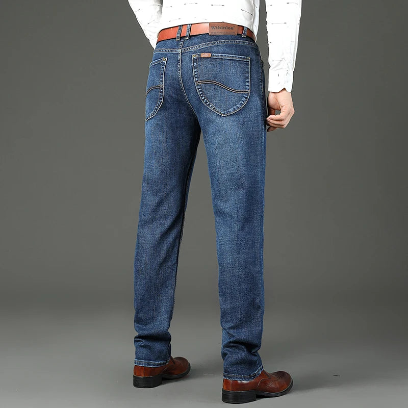 2024 Spring Autumn Office Business Jeans Men Classic Blue Cotton Stretch Straight-leg Denim Pants Male Brand Trousers