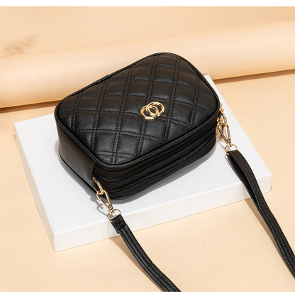 Large Capacity Three Zipper Crossbody Bag, New Fashionable and Simple Diamond Shaped Wave Embroidered Monochrome Camera Bag